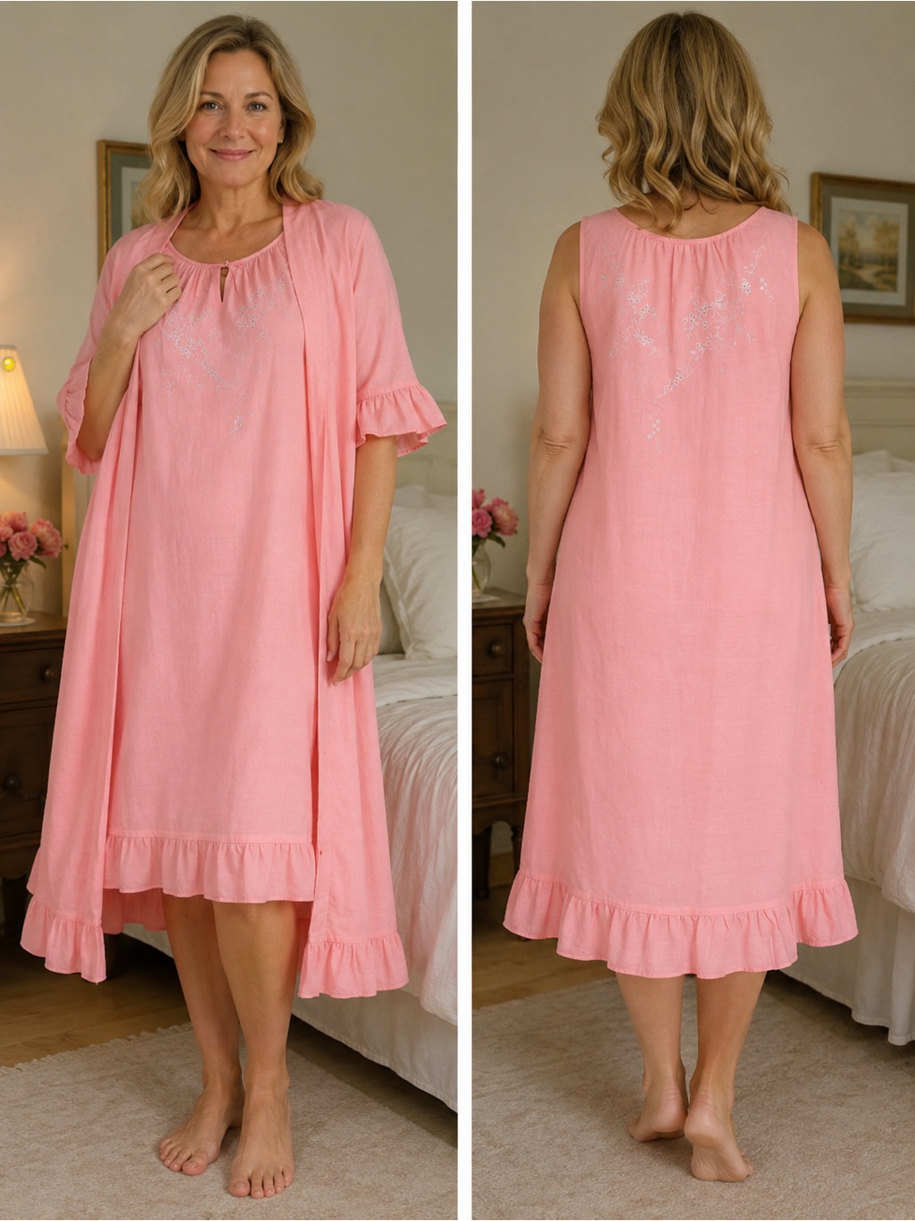 Vintage Lily Embroidered Floral Light Barbie Pink Nightgown / Robe.Sz 36